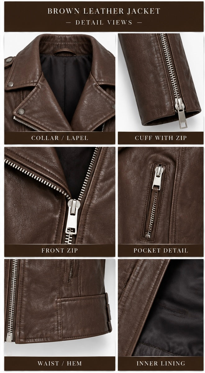 Close-up details of lapels, zips and pockets on brown leather biker jacket