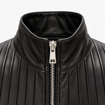 Close-up of stand collar and silver zip on black pintuck leather jacket