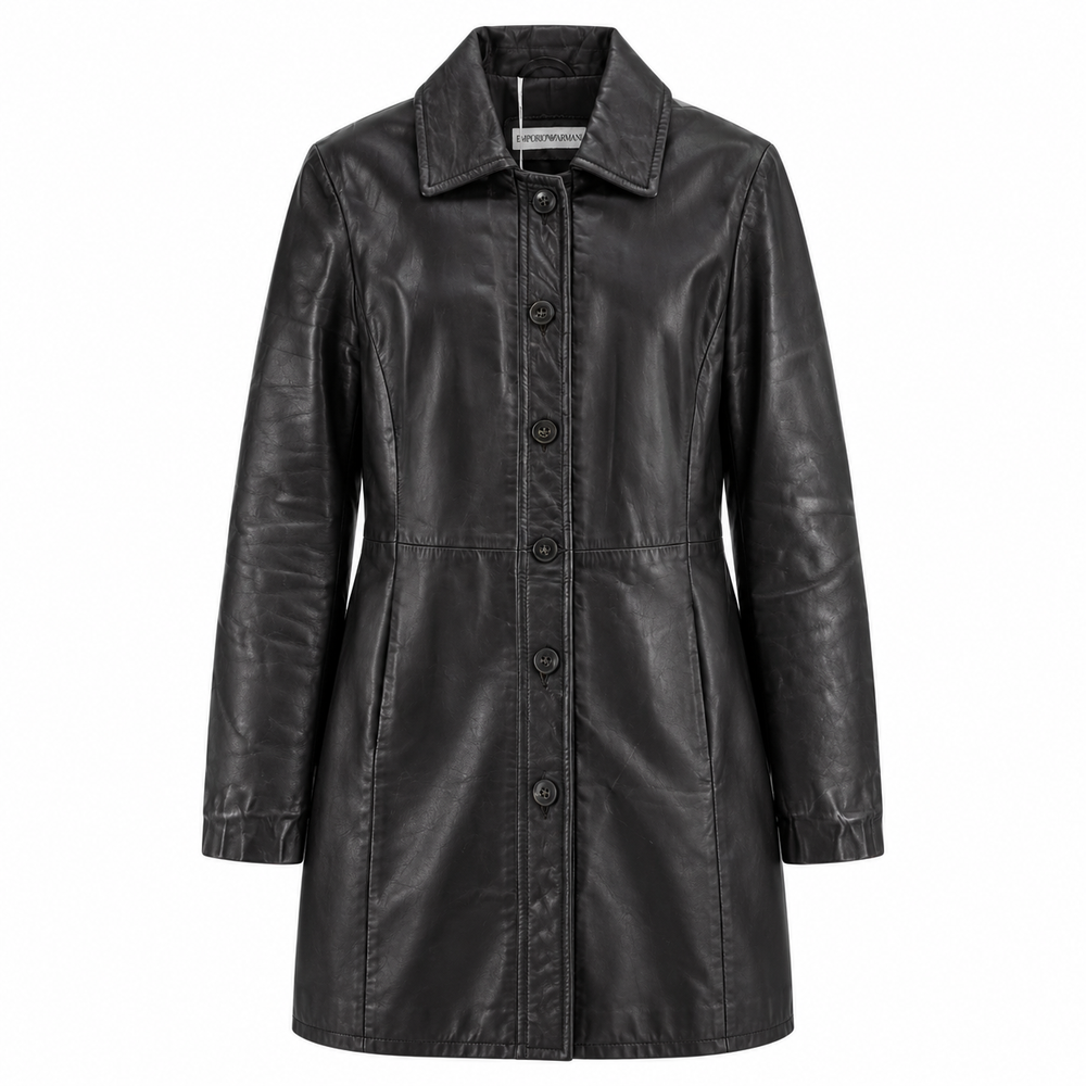 Women's black mid-length leather coat with moto lapel, front view