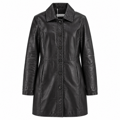 Women's black mid-length leather coat with moto lapel, front view