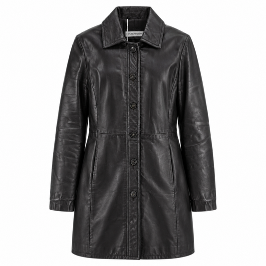Women's black mid-length leather coat with moto lapel, front view
