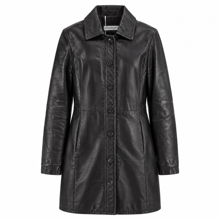Women's black mid-length leather coat with moto lapel, front view