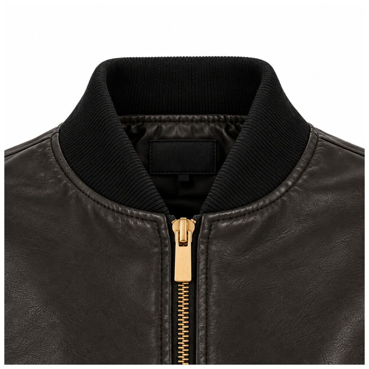 Close-up of ribbed collar and gold zip on black leather bomber jacket