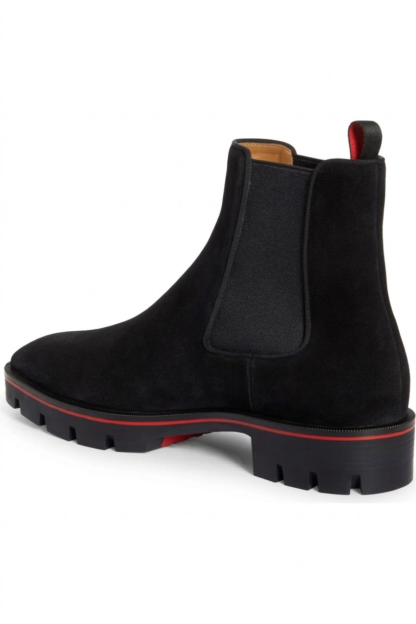 Men's Black Suede Chelsea Boots – Red Lug Sole – detail view