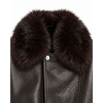 Close-up of oversized faux fur collar and snap button on brown leather jacket