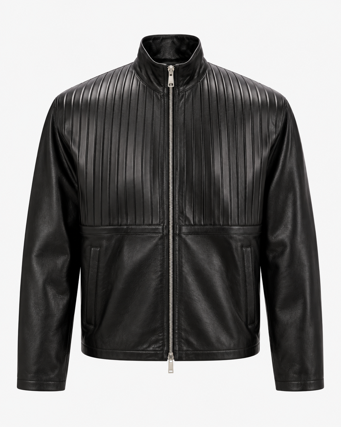 Men's black cowhide leather bomber jacket with pintuck chest panels and stand collar, front view
