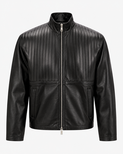 Men's black cowhide leather bomber jacket with pintuck chest panels and stand collar, front view