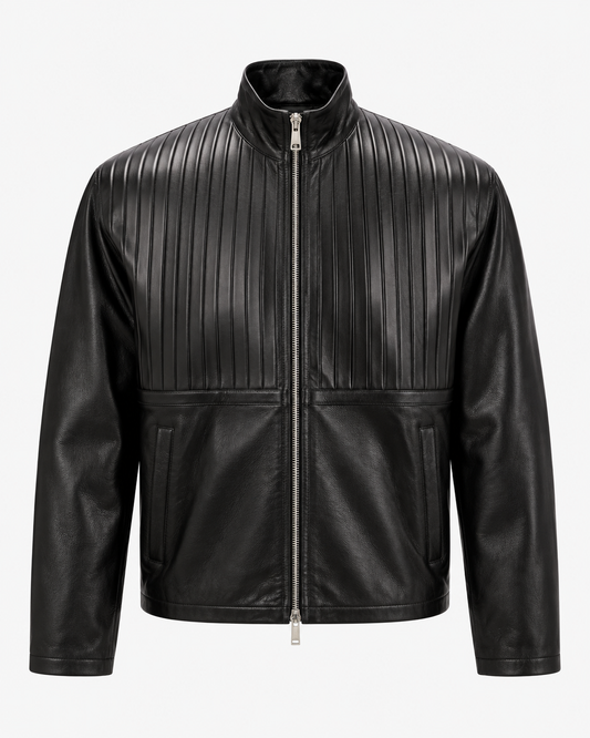 Men's black cowhide leather bomber jacket with pintuck chest panels and stand collar, front view