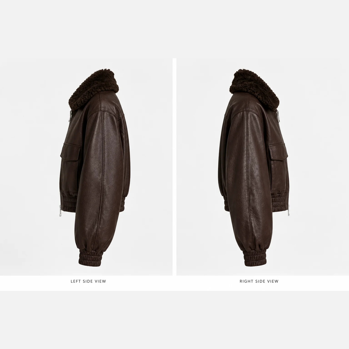 Left and right side views of unisex brown leather aviator jacket