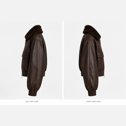 Left and right side views of unisex brown leather aviator jacket