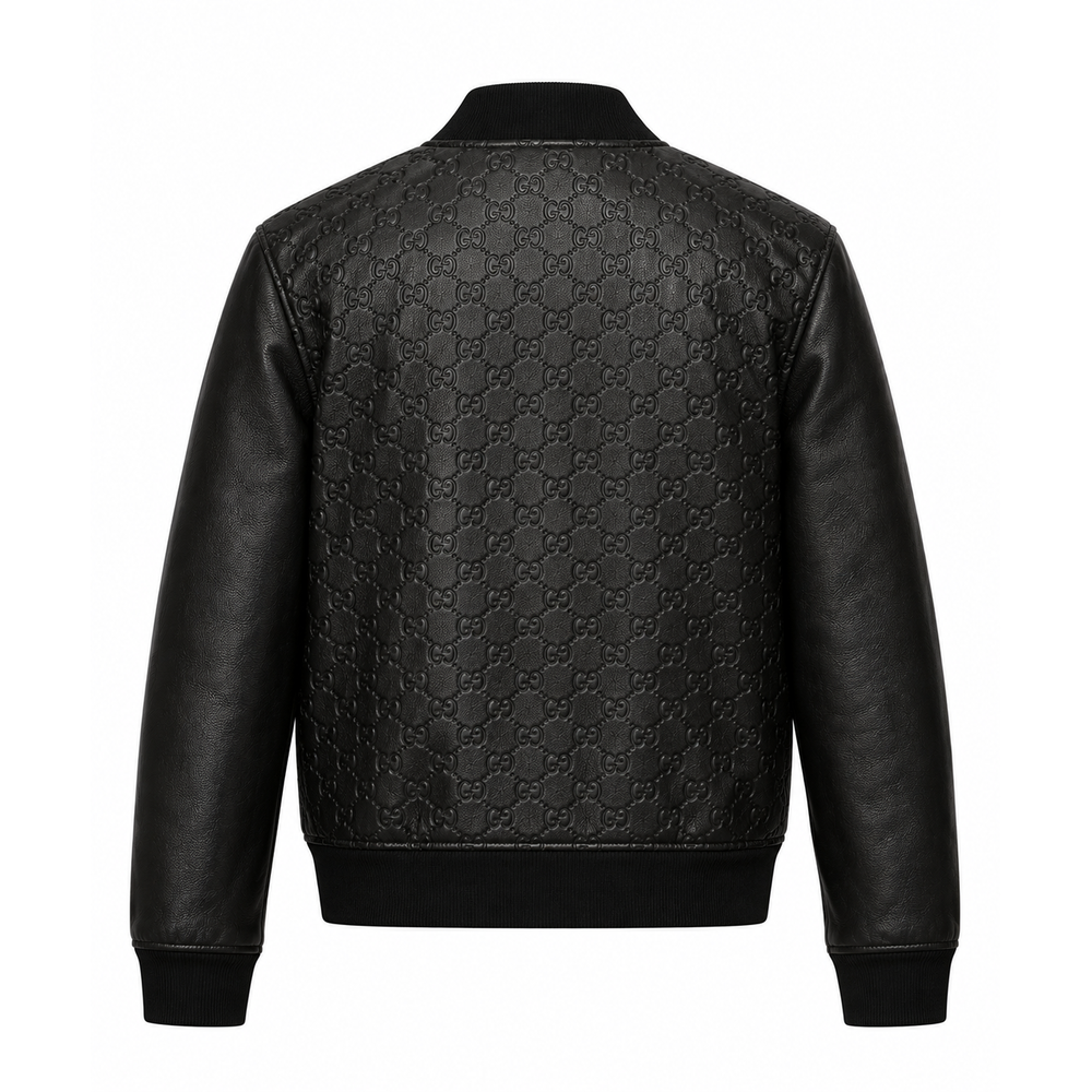 Back view of men's black embossed leather bomber jacket with ribbed hem