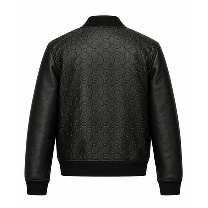 Back view of men's black embossed leather bomber jacket with ribbed hem