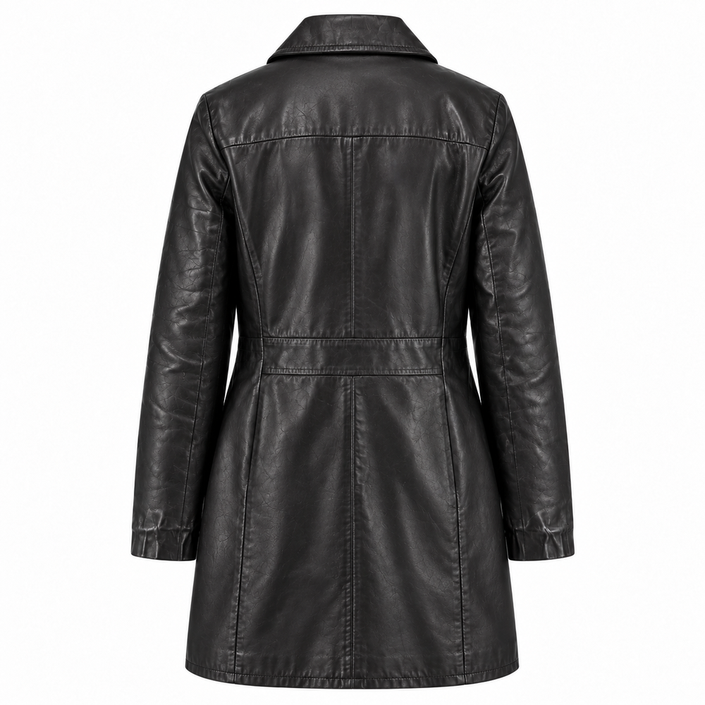 Back view of women's black leather coat