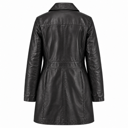 Back view of women's black leather coat
