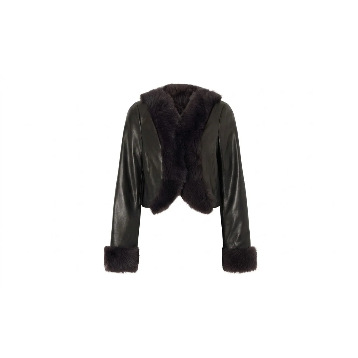 Women's black cropped cowhide leather jacket with faux fur collar and cuffs, front view