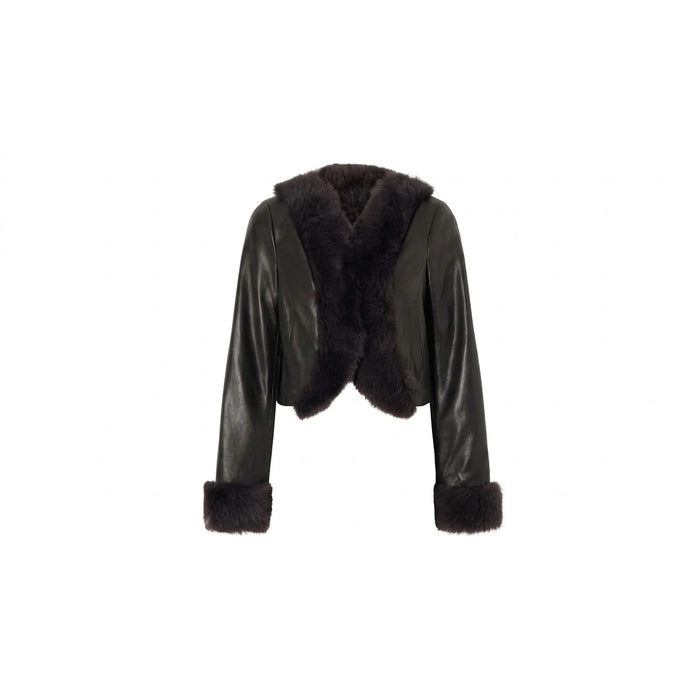 Women's black cropped cowhide leather jacket with faux fur collar and cuffs, front view