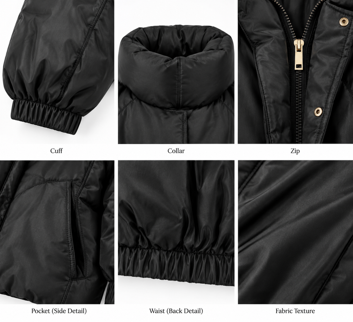 Close-up details of black puffer bomber jacket: hood, collar, zip, cuffs and quilting