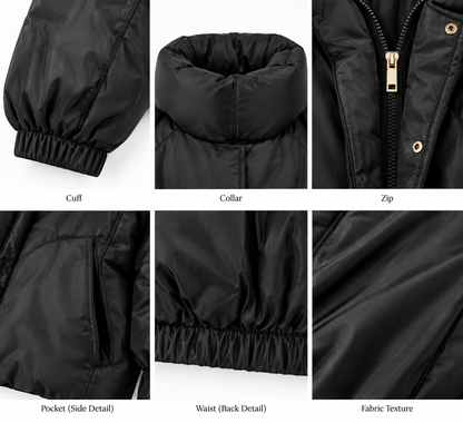 Close-up details of black puffer bomber jacket: hood, collar, zip, cuffs and quilting