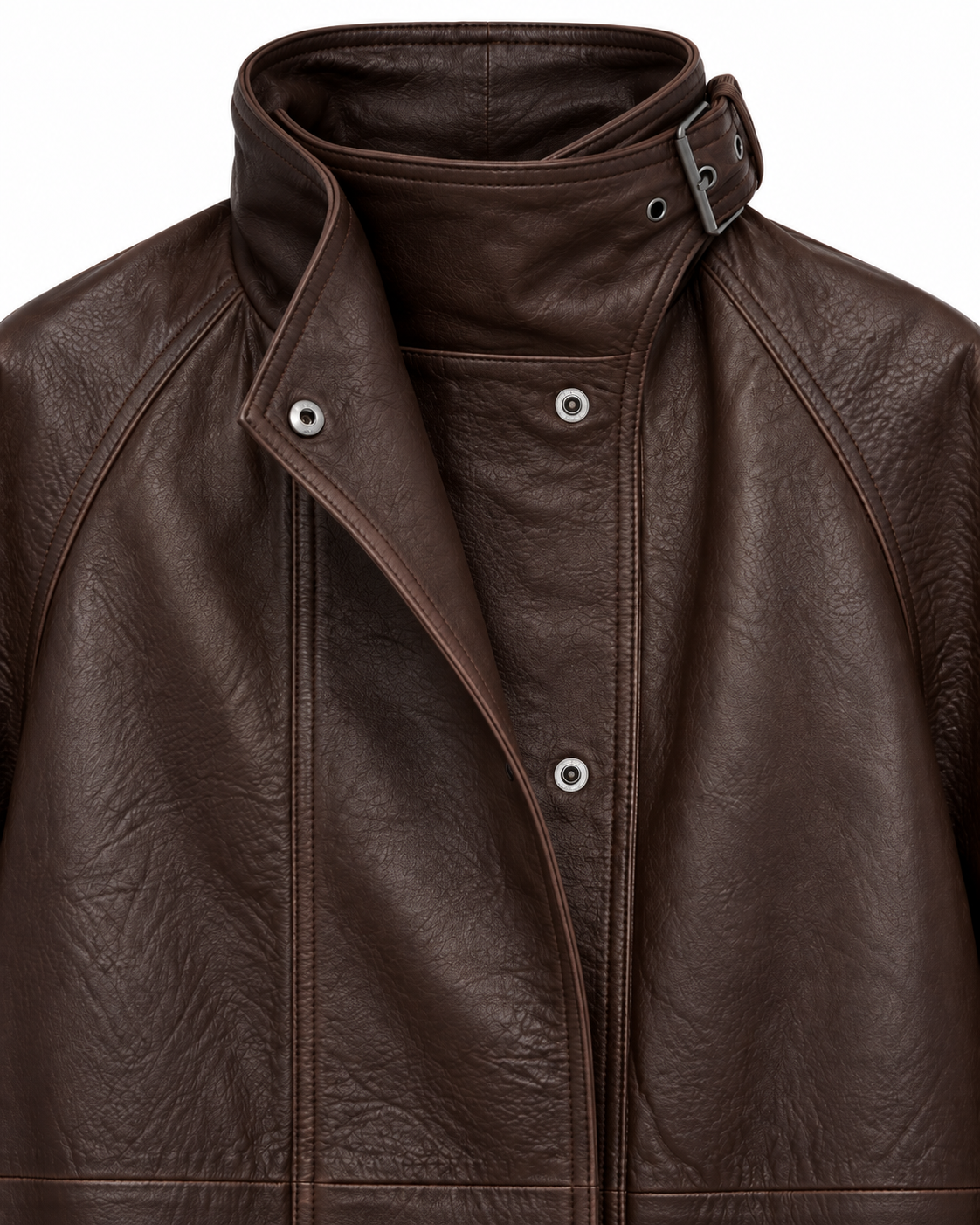 Close-up of funnel collar and snap placket on brown leather jacket