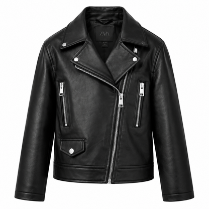 Women's black leather biker jacket with notched lapels and asymmetric zip, front view