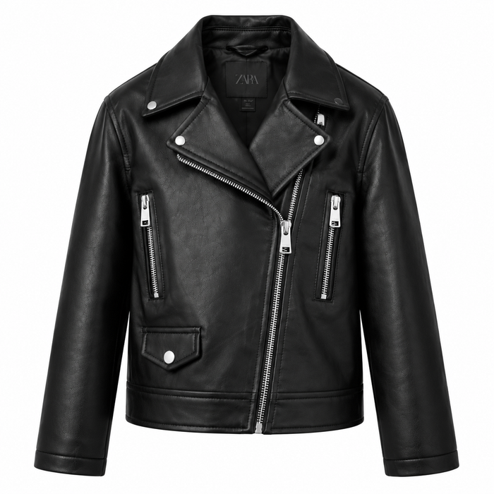 Women's black leather biker jacket with notched lapels and asymmetric zip, front view