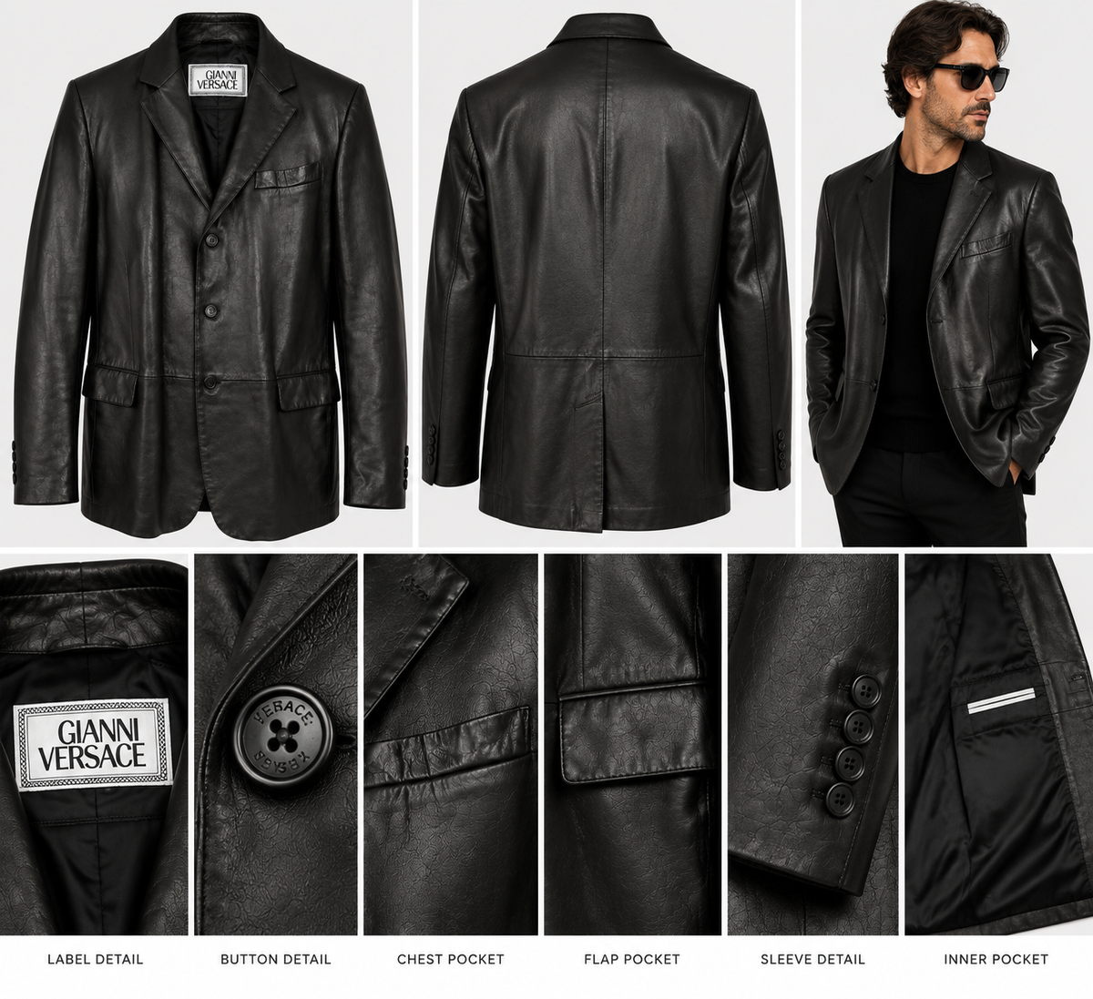 Front, back, model and close-up details of men's black leather blazer