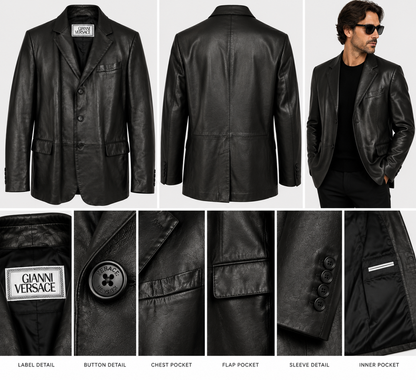 Front, back, model and close-up details of men's black leather blazer