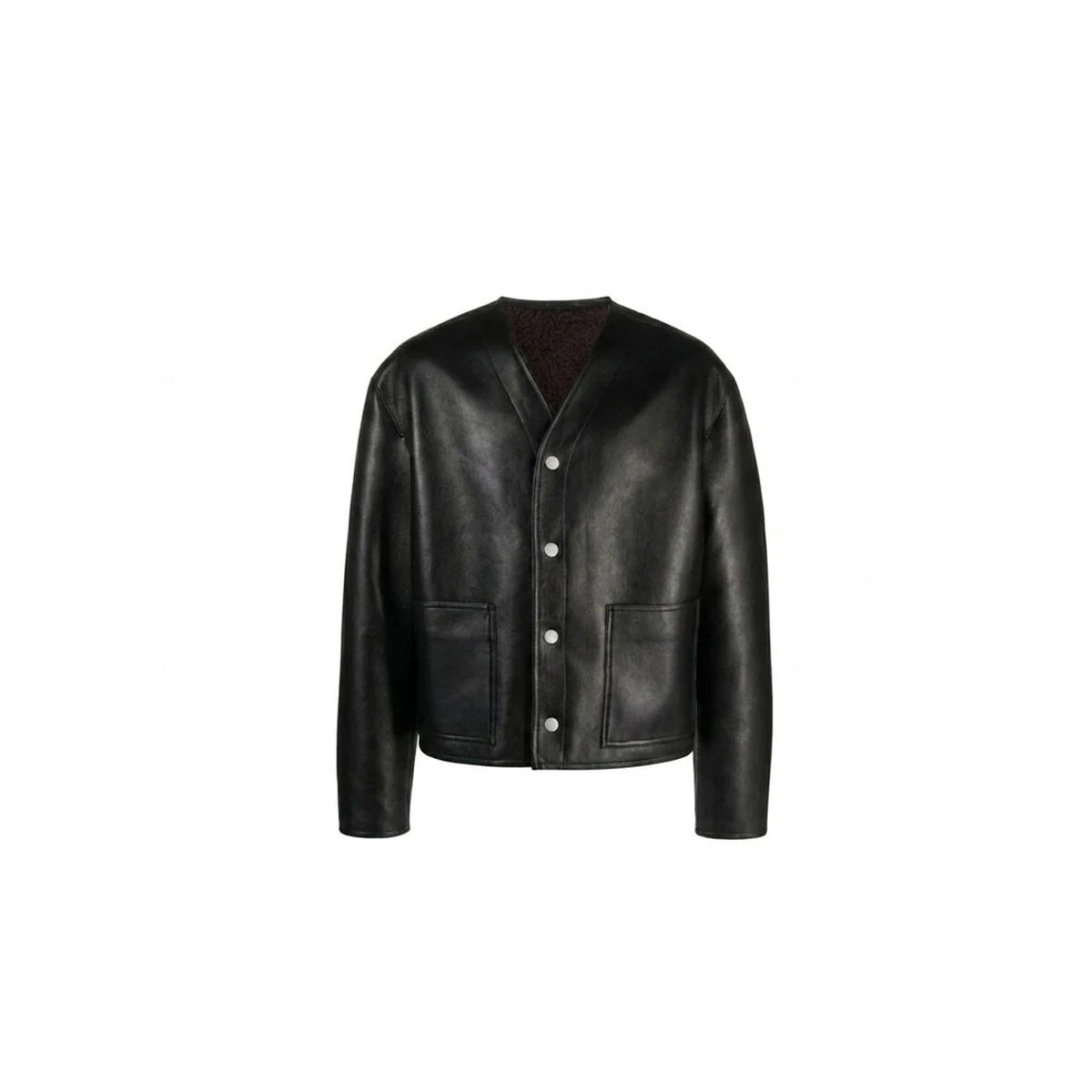 Men's black collarless cowhide leather bomber jacket with snap buttons, front view