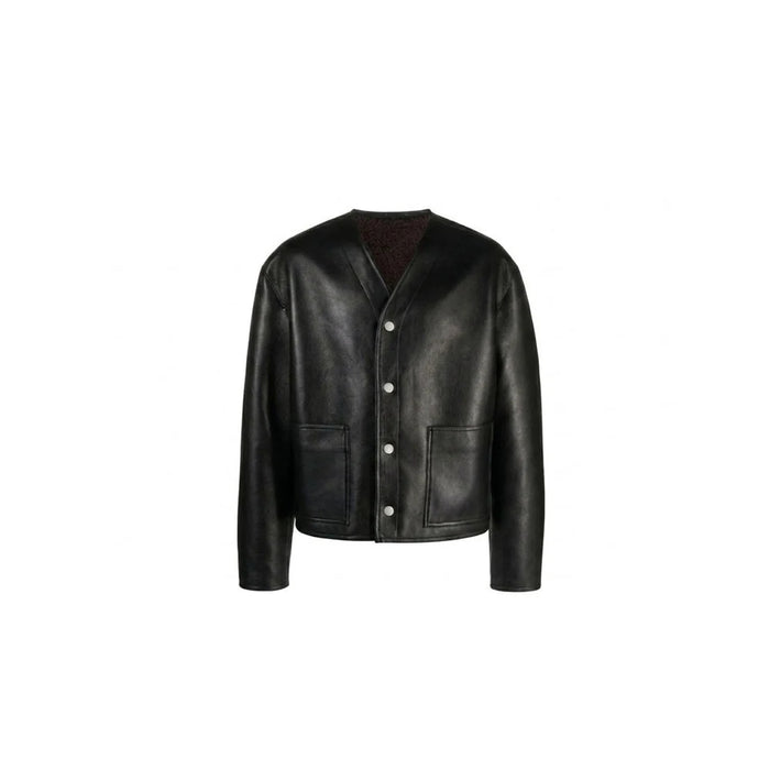 Men's black collarless cowhide leather bomber jacket with snap buttons, front view