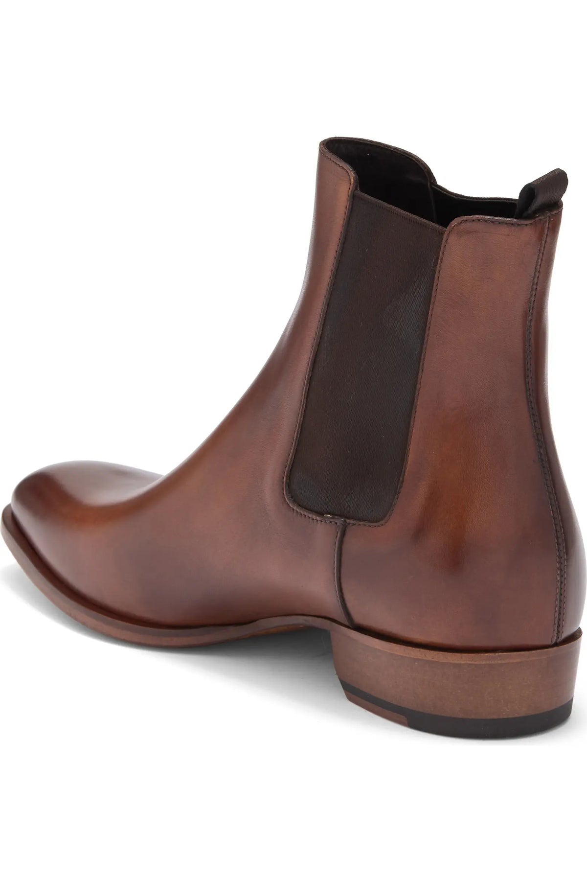 Three-quarter view of brown leather almond-toe Chelsea boot