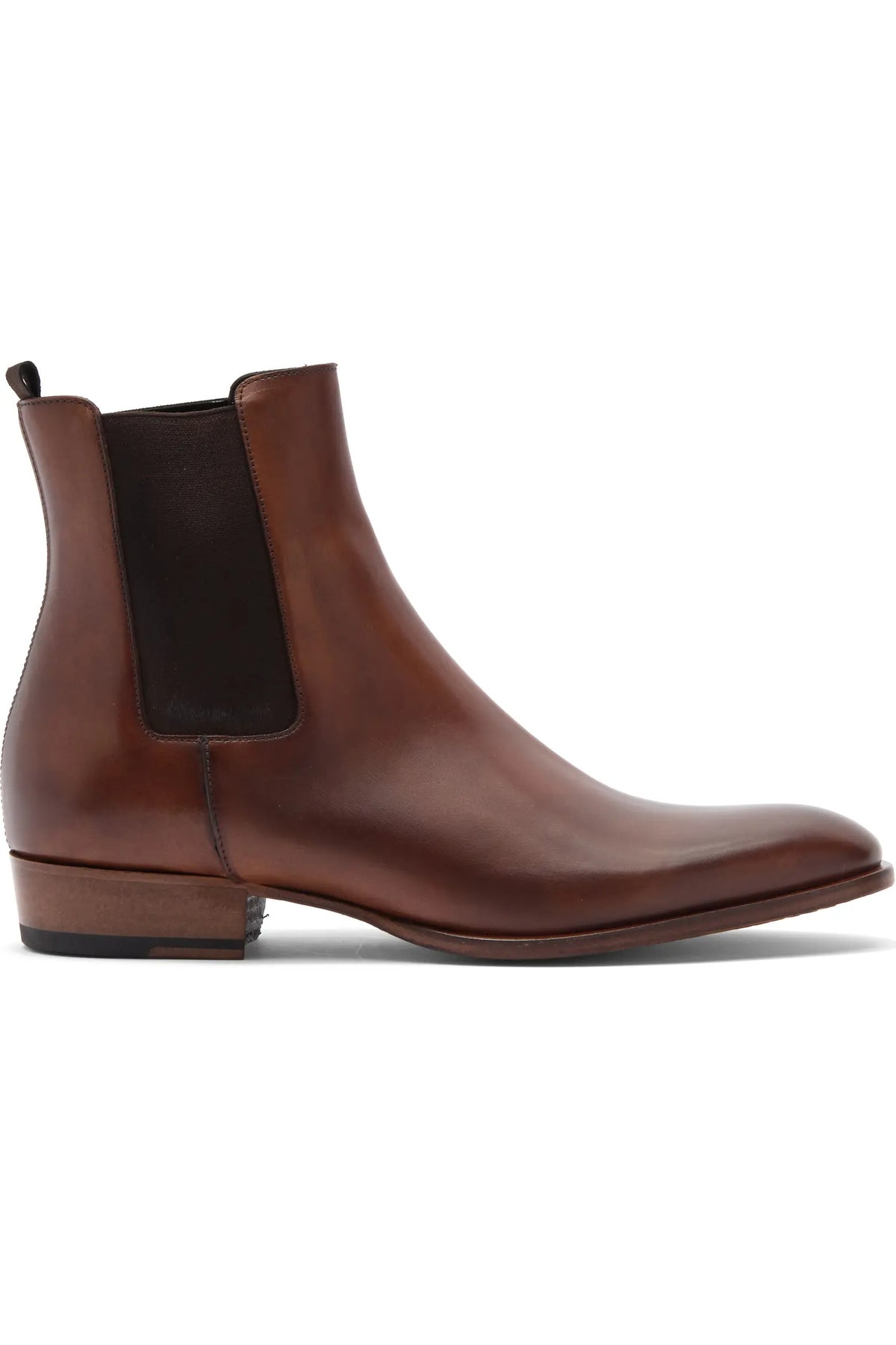 Men's brown leather Chelsea boot with almond toe, side view