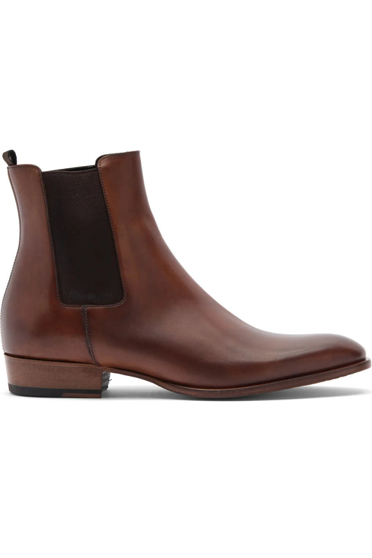 Men's brown leather Chelsea boot with almond toe, side view