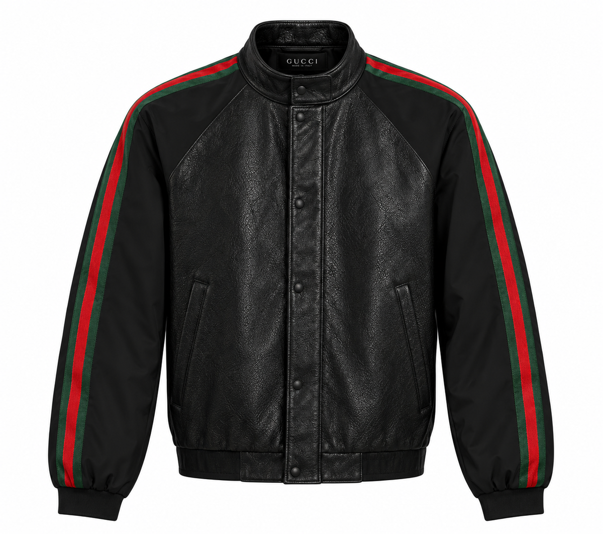 Men's black leather bomber jacket with green and red racing stripe sleeves, front view
