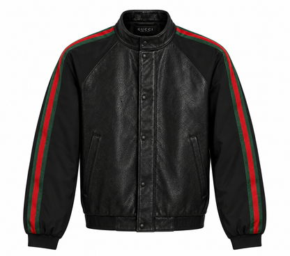 Men's black leather bomber jacket with green and red racing stripe sleeves, front view