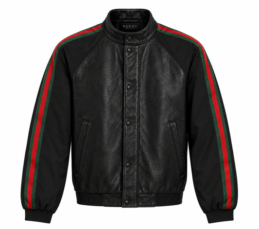 Men's black leather bomber jacket with green and red racing stripe sleeves, front view