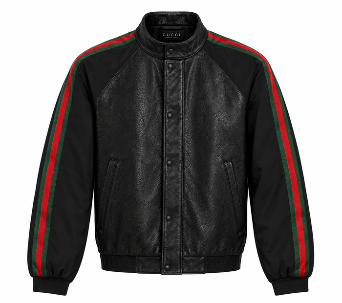 Men's black leather bomber jacket with green and red racing stripe sleeves, front view