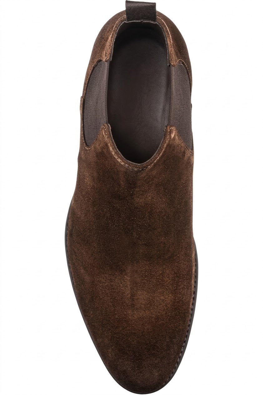 Top view of dark brown suede Chelsea boot