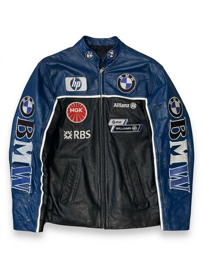 Men's blue and black vintage leather racing jacket with sponsor patches, front view