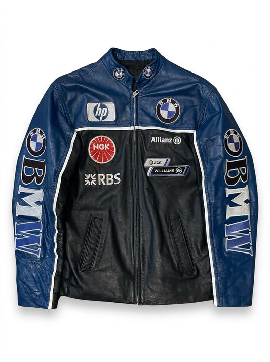 Men's blue and black vintage leather racing jacket with sponsor patches, front view
