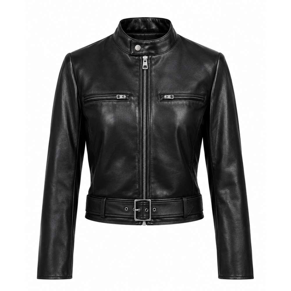 Women's black cowhide leather moto jacket with belted waist and stand collar, front view