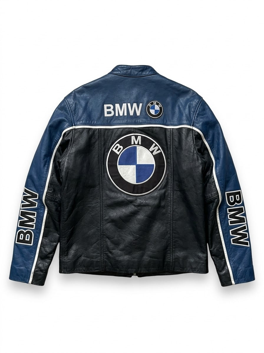 Back view of blue and black leather racing jacket with back graphics