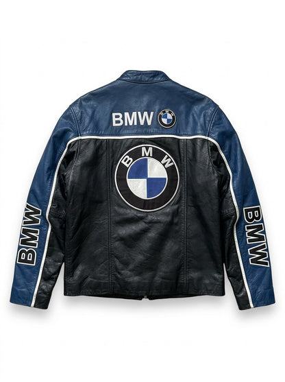 Back view of blue and black leather racing jacket with back graphics