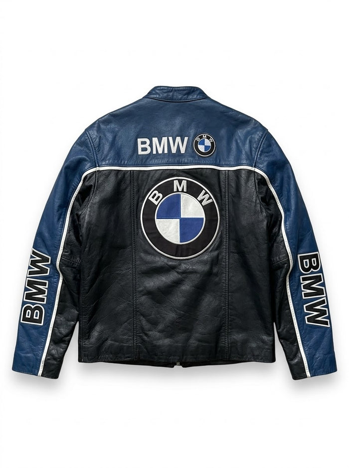 Back view of blue and black leather racing jacket with back graphics