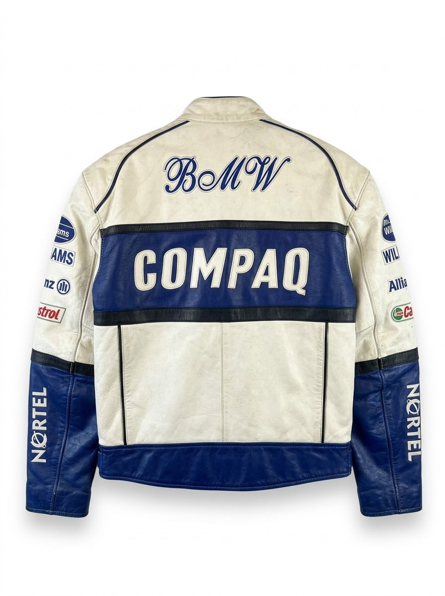 Back view of cream and blue vintage racing leather jacket