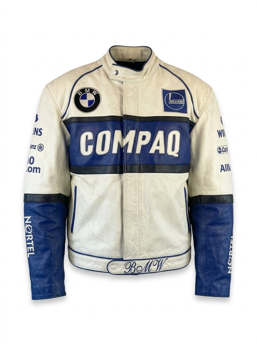 Men's vintage cream and blue leather racing jacket with retro team graphics, front view