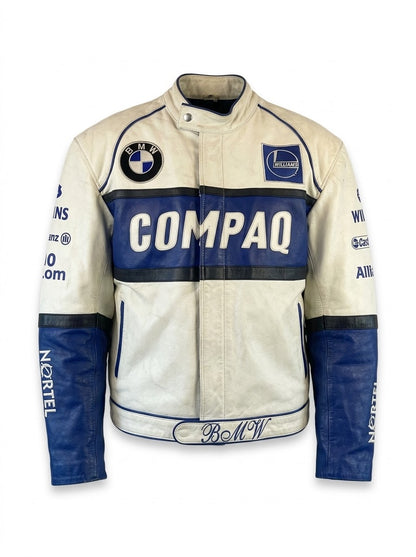 Men's vintage cream and blue leather racing jacket with retro team graphics, front view