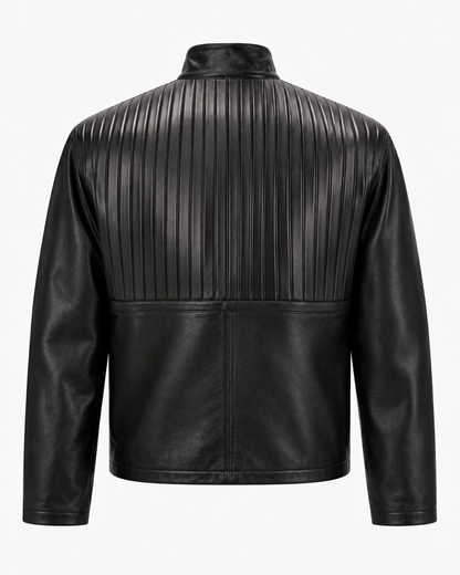 Back view of black leather bomber jacket with pintuck back yoke
