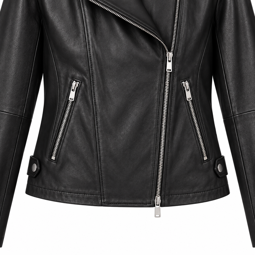 Close-up of zip pockets on women's black biker jacket