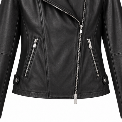 Close-up of zip pockets on women's black biker jacket