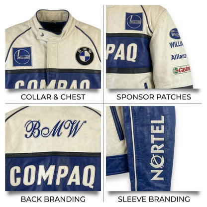 Close-up of collar, sponsor patches, back lettering and sleeve graphics on cream racing jacket